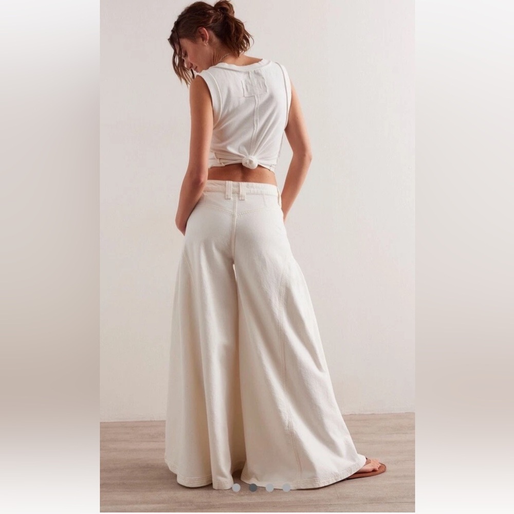 Free People Pandora Wide Leg Jeans We The Free Pleated Front Pockets Ivory - Picture 2 of 6